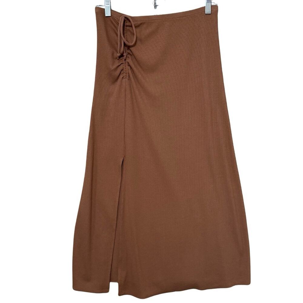 Aerie BEACHWALK Midi Skirt Size M Mocha Ribbed Knit Ruched Pull On Side Slit NWT